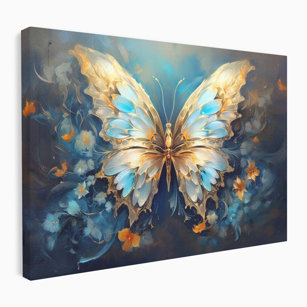 Tablou canvas cu tablou canvas cu fluture si flori, fara rama, pe sasiu de lemn